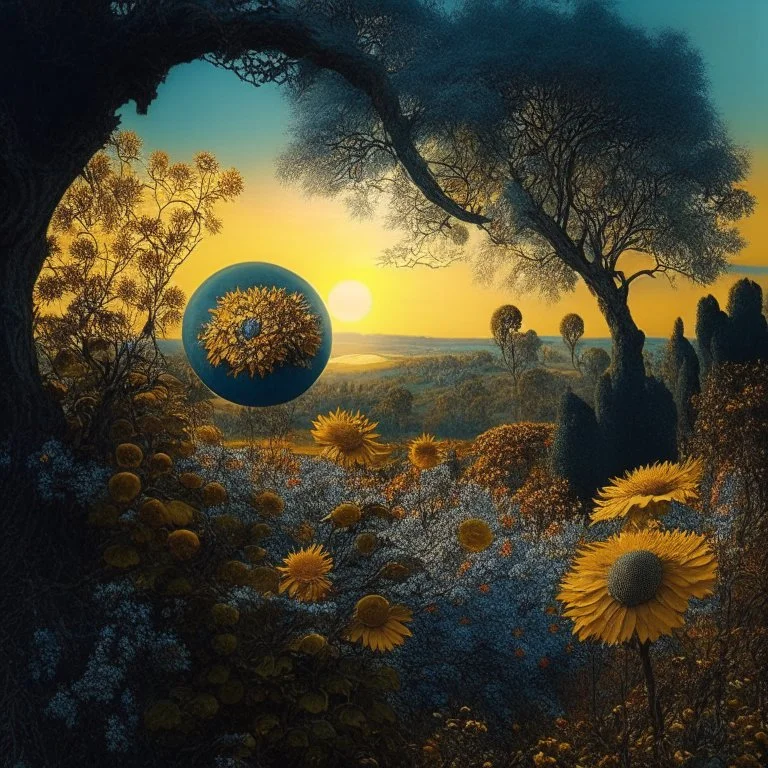 High definition photography of a marvelous landscape, trees, flowers, sun, intricate, atmosphere of a Max Ernst painting, thoughtful, interesting, a bit appalling