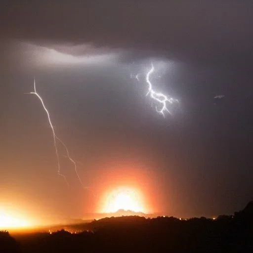 doom scenary. Heavy rain. Epic Lighting in the sky. Knight with a sword. Falling meteorite from the sky. Meteorite burning in the distance.