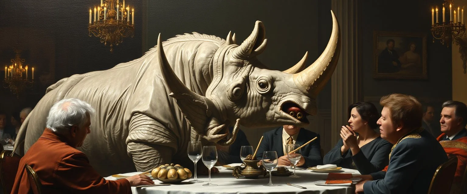 portrait painted by Rembrandt, stupid looking marble dragon rhino at banquet