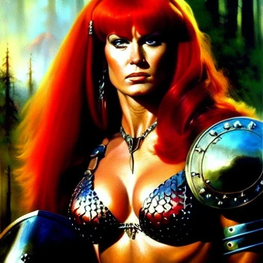 portrait of Red sonja painting by Brom, oil on canvas, cinematic composition, extreme detail,fit full head inside picture