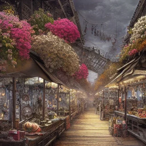 Insanely detailed photograph of an “artitcture plans of a city market at a dock ” with intricate gears, intricate embroidered band, hyperdetailed painting by Ismail Inceoglu Huang Guangjian and Dan Witz CGSociety ZBrush Central fantasy art album cover art,8K, hdr, romantic, mysterious, ominous, flowers, jewelry, steam,oil,cafe,street vendors