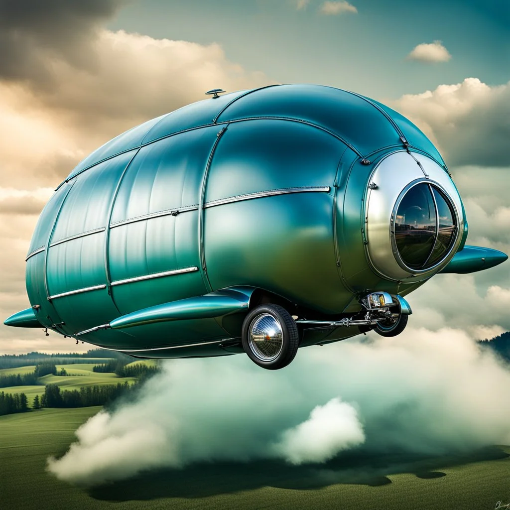 blimp vw-beetle hybrid, retrofuturistic, phototrealism, in flight, one subject,