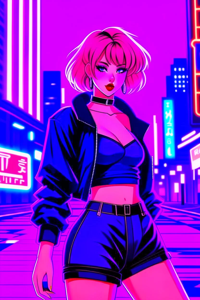 retrowave anime cyberpunk girl, scarlett johanson, furr skirt