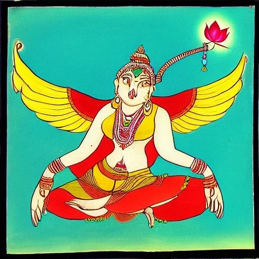 cow with wings holding a lotus and chakra in Indian painting style