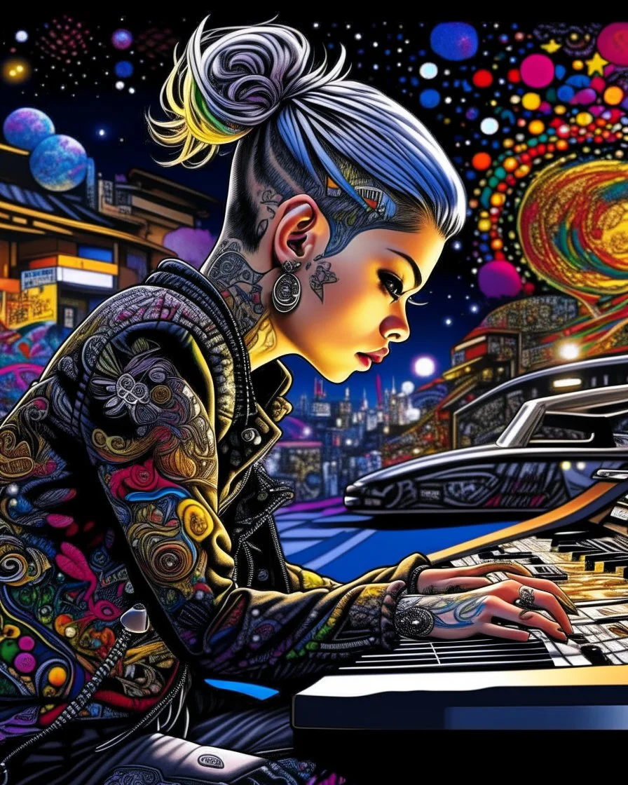 "Midnight Serenade unique" low view angle shot down village road , large close up a beautiful young girl woman with a tattoos and punk style hairstyle wearing a cool black leather jacket like rocker style and playing the piano granite terrazzo motifs with puzzle modern clothing is decorated with colorful filigree abstract, Collage chutes papiers magazines,Spirograph background by Nisa Kiley, Busch painting style
