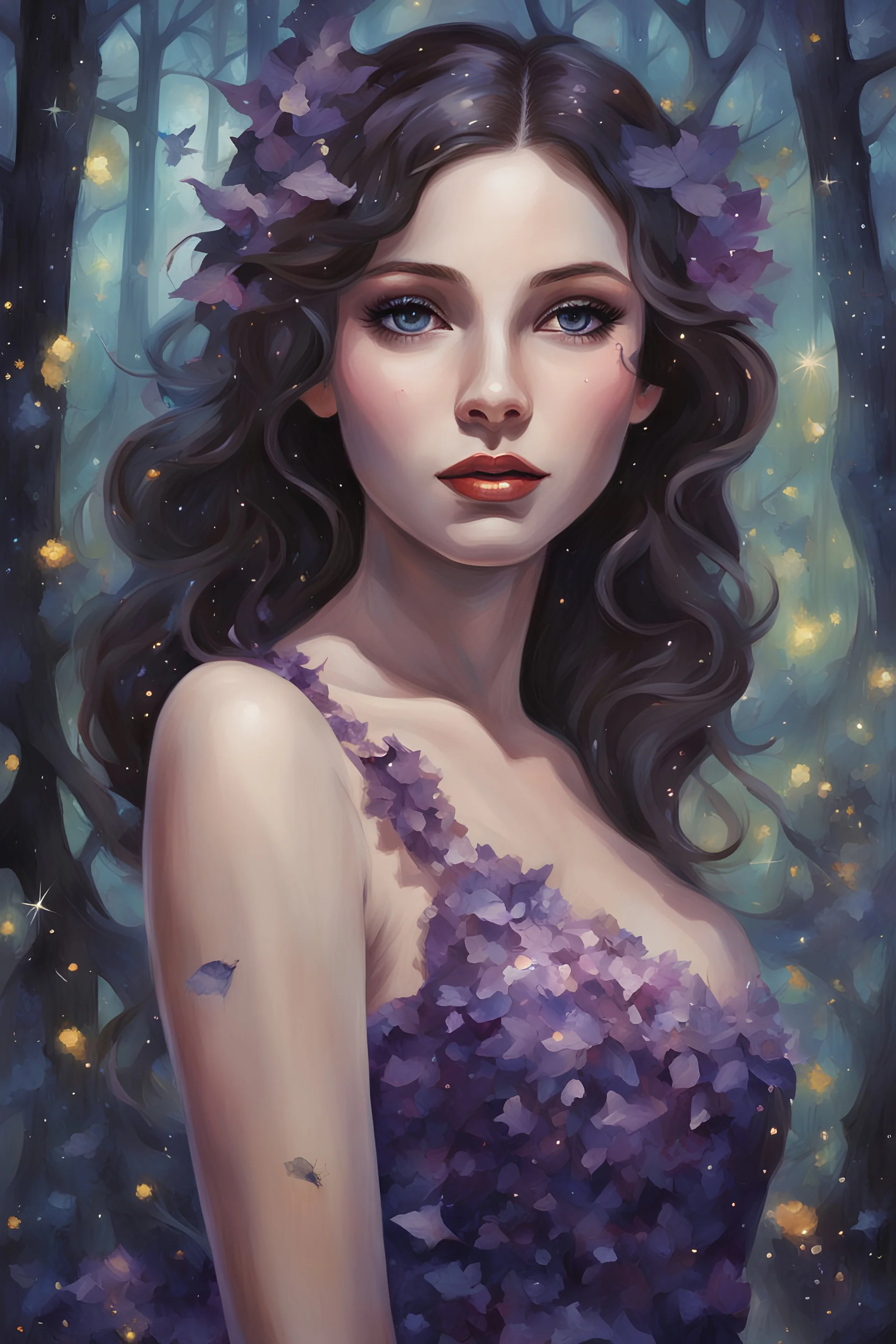 Painting of a girl surrounded by night forest, pretty face, bright purple dress, bright eyes, sparkles