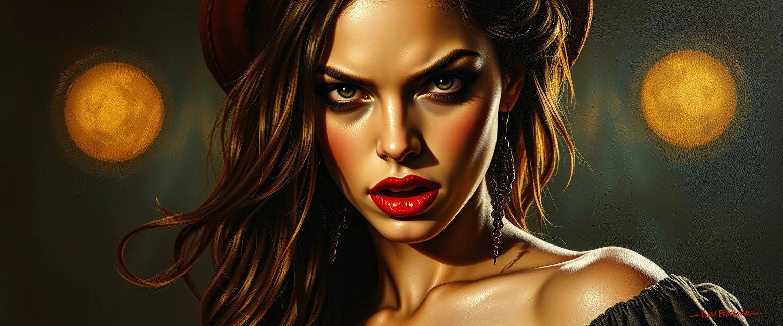 master oil painting by Rembrandt, good afternoon bitch scary hot seductive female stylistic poster, in the style of total recall