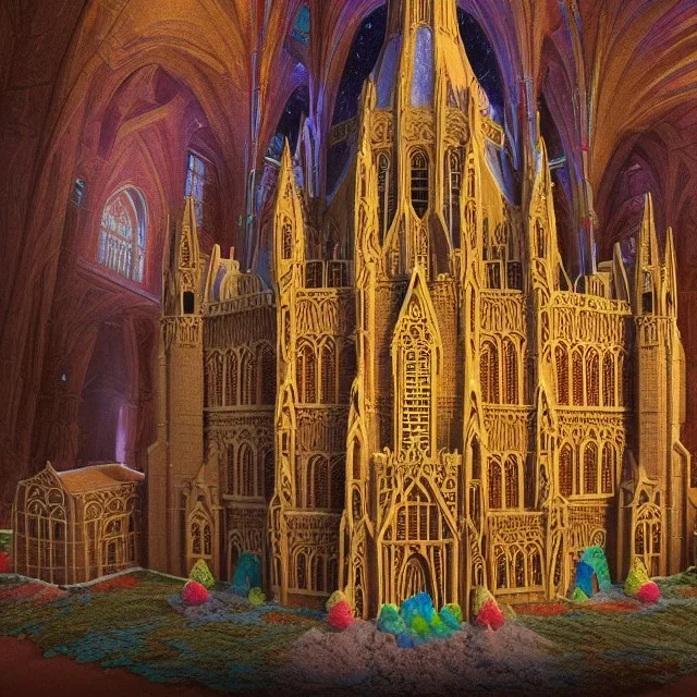 model of grand cathedral made of gingerbread house with crushed, vibrant rock candy as stain-glassed windows, 8k resolution, centered, high-quality, ultrafine-detail, ornate, digital art, detailed matte, volumetric lighting, illustration, 3D octane render, brian froud, howard lyon, George Grie, greg rutowski,