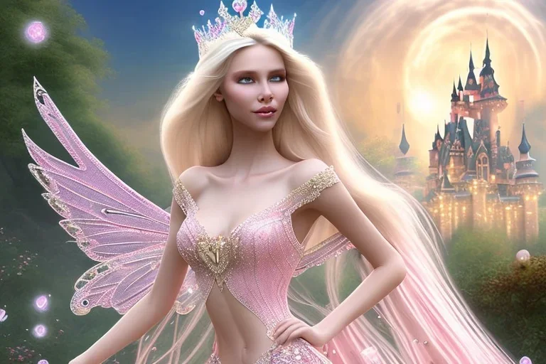 castle in background, beautiful, soft, big smiling, straight and long blonde hair, dewy and shiny atmosphere, diamond crown, long fairy wings in the back, full head, pink veil clothes