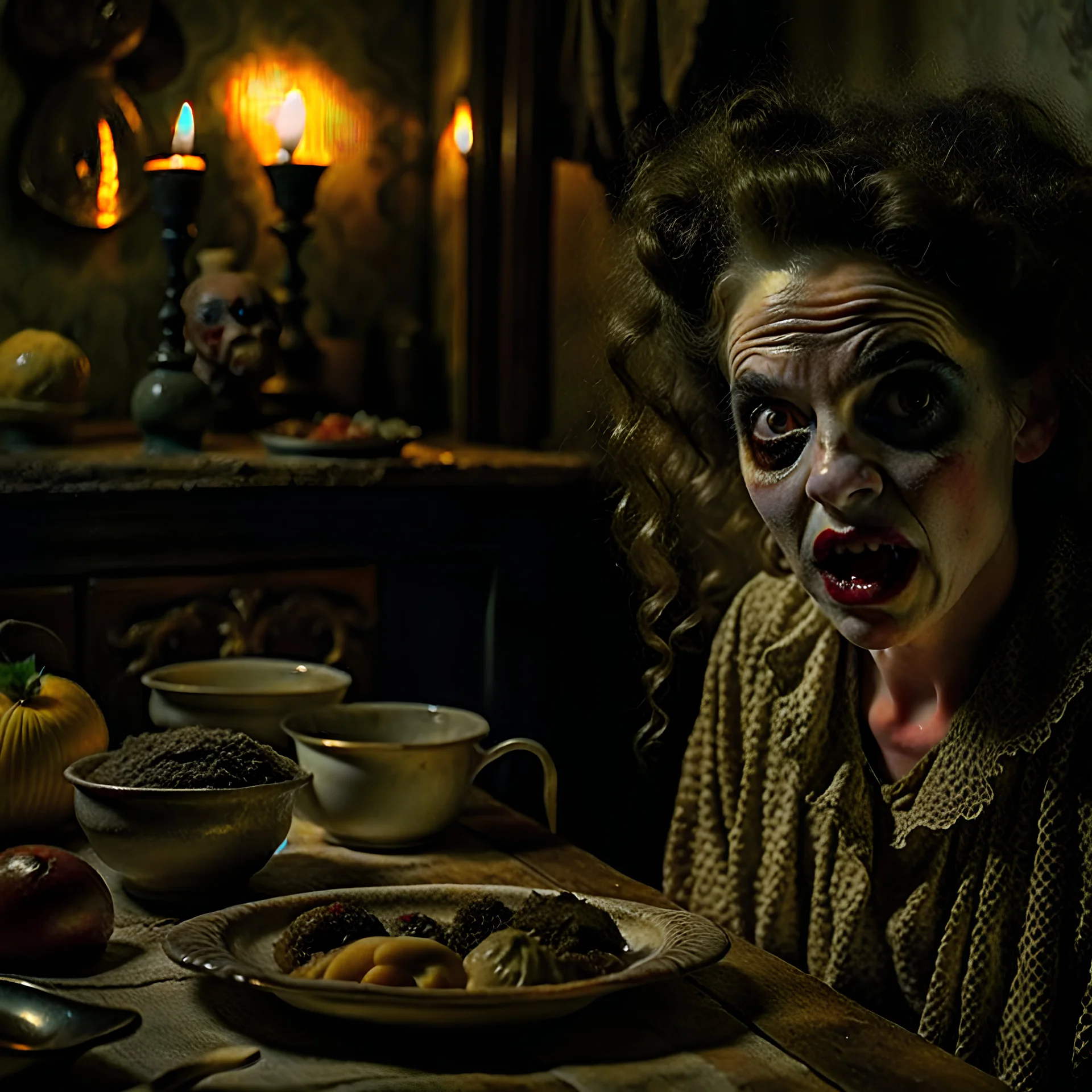 Strong texture, photorealism, Caravaggio, Arcimboldo, Egon Schiele. Intricate patterns, hypermaximalist. Photo made of inside house, an eerily mysterious, hidden and odd person is eating, a witchy house, sober style, pastel colors. Movie shot, spooky. Sinister scribbles, 33mm photography. Beasts