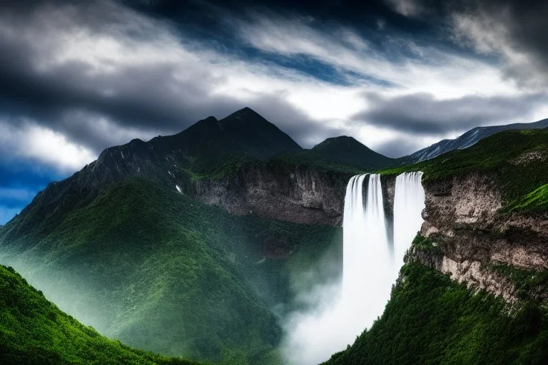 Epic cloud landscape, big epic mountains,waterfall, Ultra hd, 4k, Photography, hyperrealistic