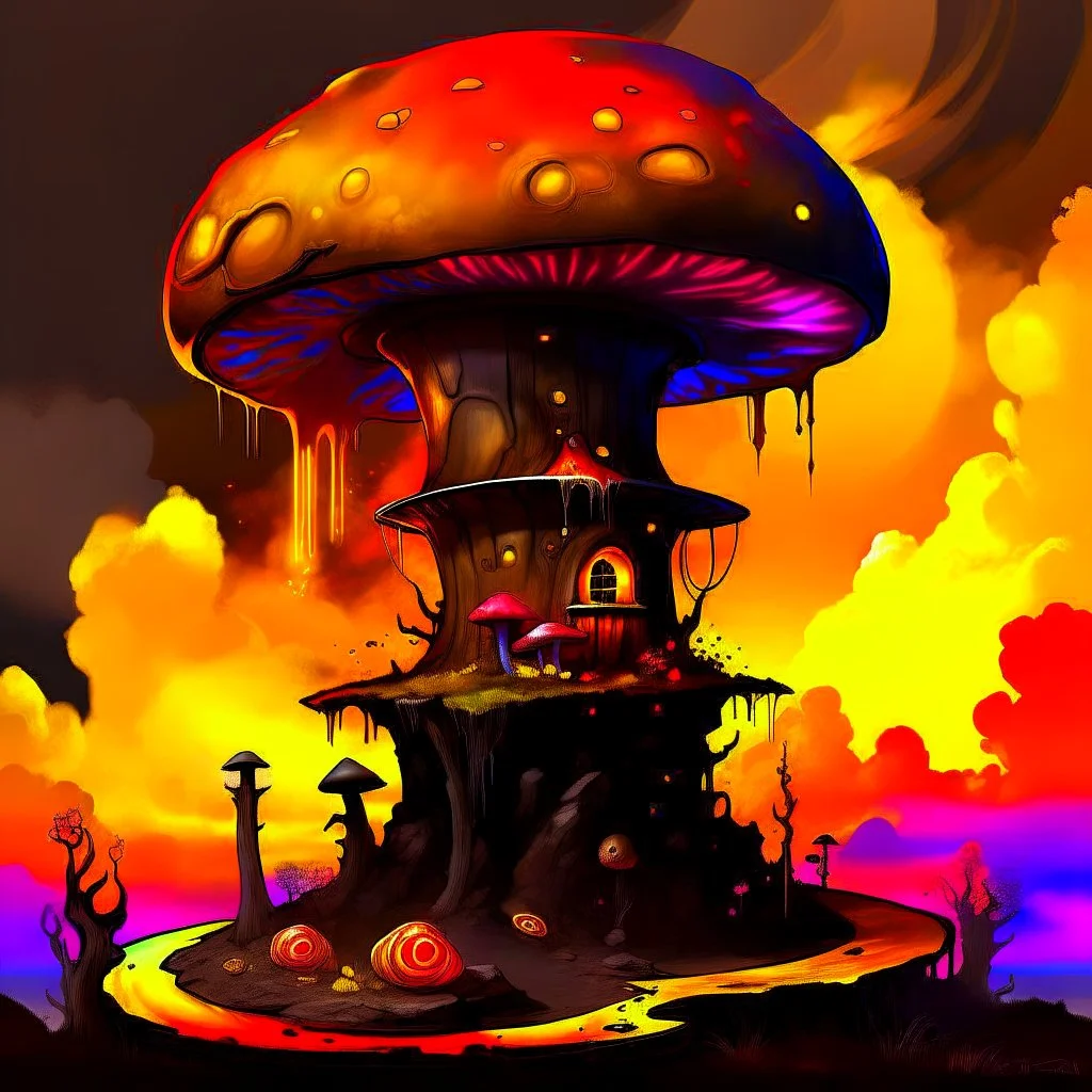 A fantabulous black, yellow, and orange (((mushroom tower house))) erected atop a (geologic pillar), surrounded by the uncanny imaginative ((( swirling skies))), offset by the stark hues of a (neon-tinged nebulous space scape), within. captured by the hand a skilled master painter with a focus on (softly blurred compositions and voluminous lighting).