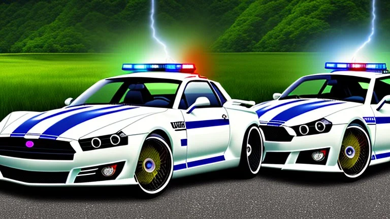 A police Tesla Cybertruck is chasing a Tesla 'Model S Plaid' at top speed, across the 'Jurassic Park' island. CINEMATIC. WIDE ANGLE LENS.