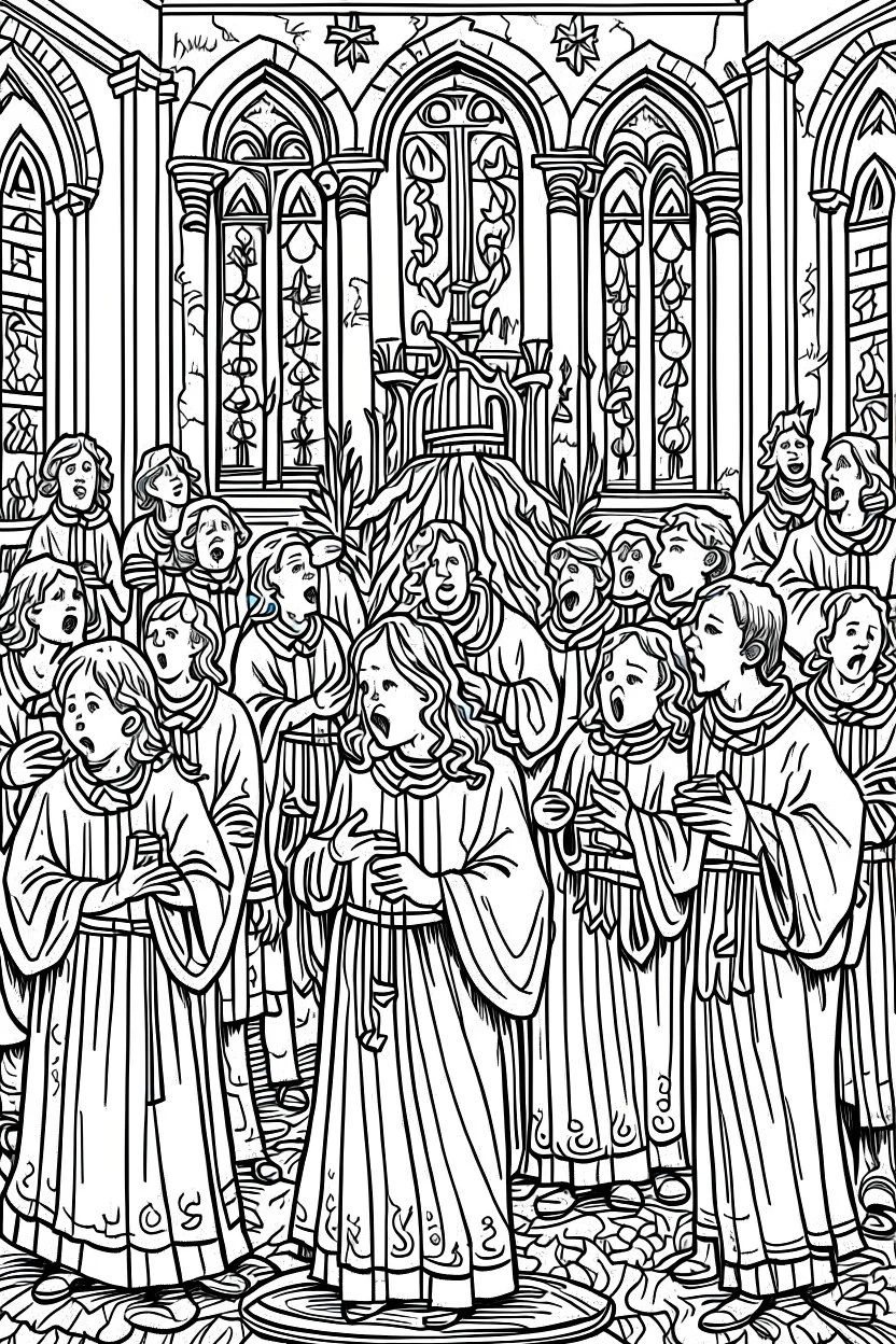 A Christmas theme, a coloring page illustrations, highly detailed, bold ink line sketch drawing of choir singing in a church close to a Christmas tree with gifts