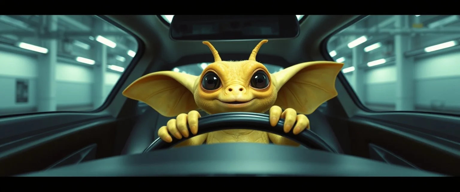 car driving happy 2d insect anime fluffy slimy alien gremlin man in the style of Escher and Giger and Fallout 4, pinhole cam, airbrush 3d rendering, on tv screen:A five-second cinematic single take in a clean industrial presentation hall.