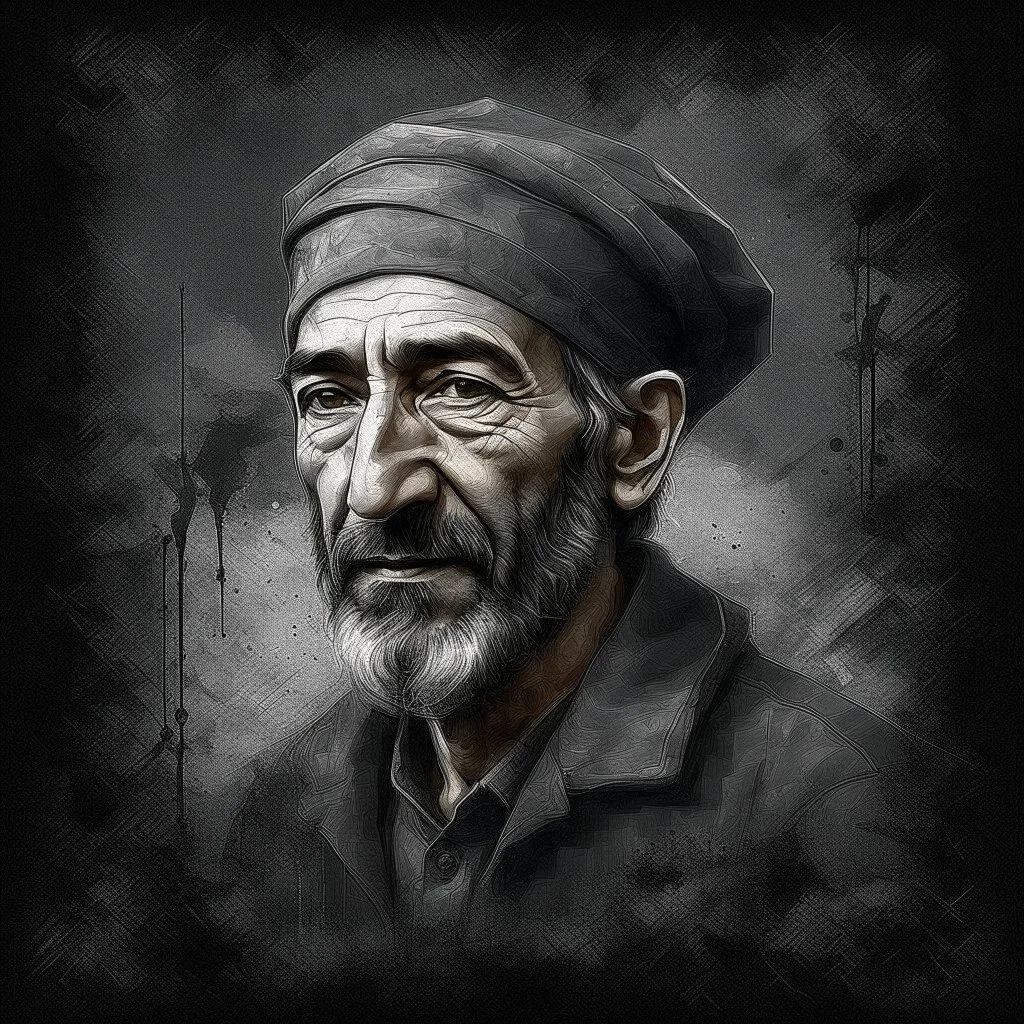 A an is of Moroccan Man wearing a fez , Hyper Realistic Aerial Grungy Dark-Grey Brush strokes on a dark rustic background with charcoals