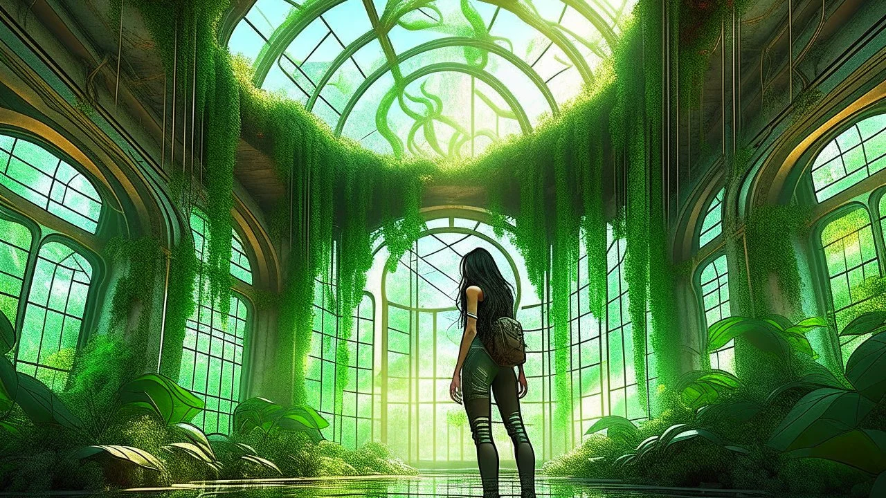 floating alien jellyfish, rampant foliage, and vines, inside a huge vaulted alien building, with circular windows, woman with black hair in a ponytail, in camouflage trousers and jacket, photorealistic, Intricate Detail, sunny day