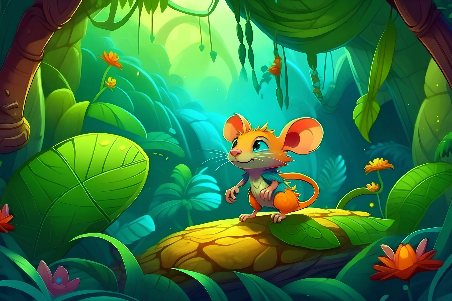 Colorful jungle, Small brave mouse, Adventurous, joyous atmosphere