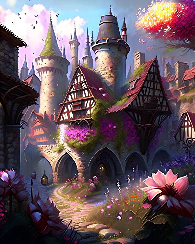 medieval fantasy castle town with flowers rpg art