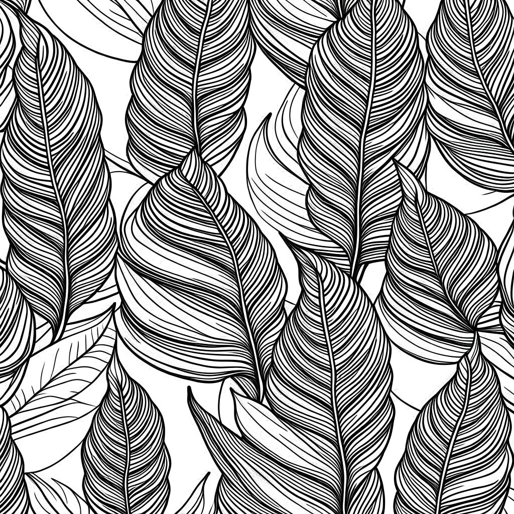 seamless banana leaf wallpaper pattern in vector lines, full page, black lines and transparent background