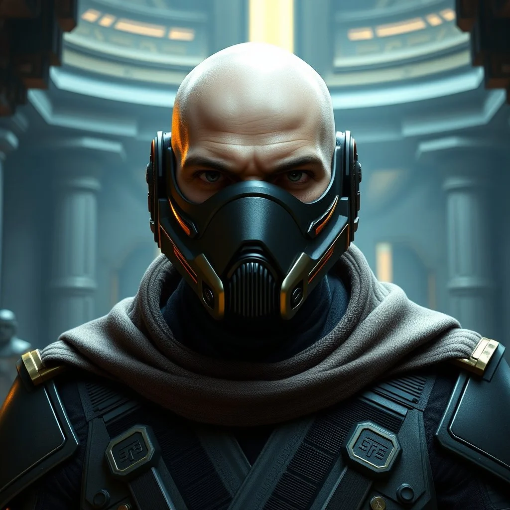 star wars bald male corellian jedi wearing gunmetal grey and black old republic armored flightsuit and breath mask with gold and metallic red trim inside the jedi temple, centered head and shoulders portrait, hyperdetailed, dynamic lighting, hyperdetailed background, 8k resolution, volumetric lighting, light skin, fully symmetric details