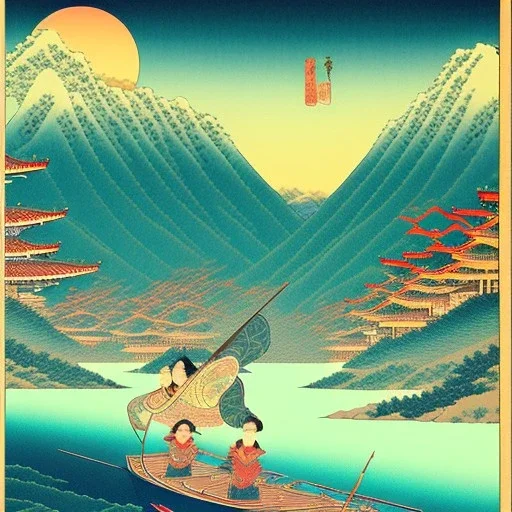 Ukiyo-e styled art, stream, mountain, sun, family on a boat