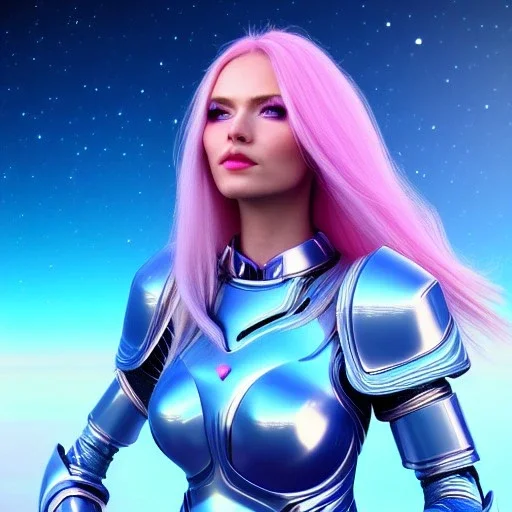 Beautyful woman,galactic , cosmic armor,hair long blond, blue eyes, happy cosmic, bright colors, blue, pink, realistic, photo real, clear sunny background, highly detailed, high contrast, 8k high definition, unreal engine 5, extremely sharp detail, light effect, sunny light background