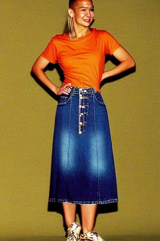 year 1996 denim fashion. Loose skirt, low waist. Combat t-shirt. Colors: denim blue, blue, purple, cream, khaki, light green, lilac, plum, orange, terracotta, red, light yellow, pink, dark blue, beige. Latex in small part. Something between camouflage and cheetah prints.. bridget jones and jennifer lopez