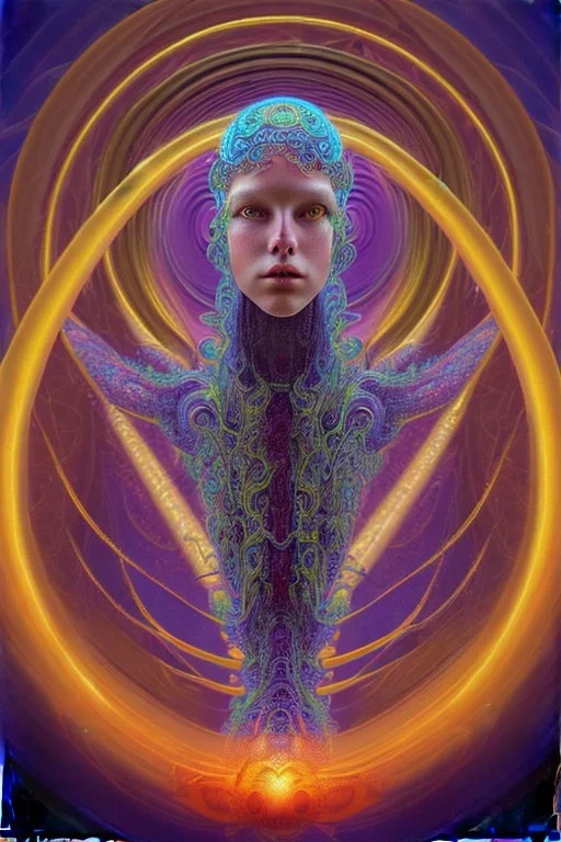 Spiritual being with Tentacles over human Head creating reality around, wrapping Spiral around Human, Psychedelic