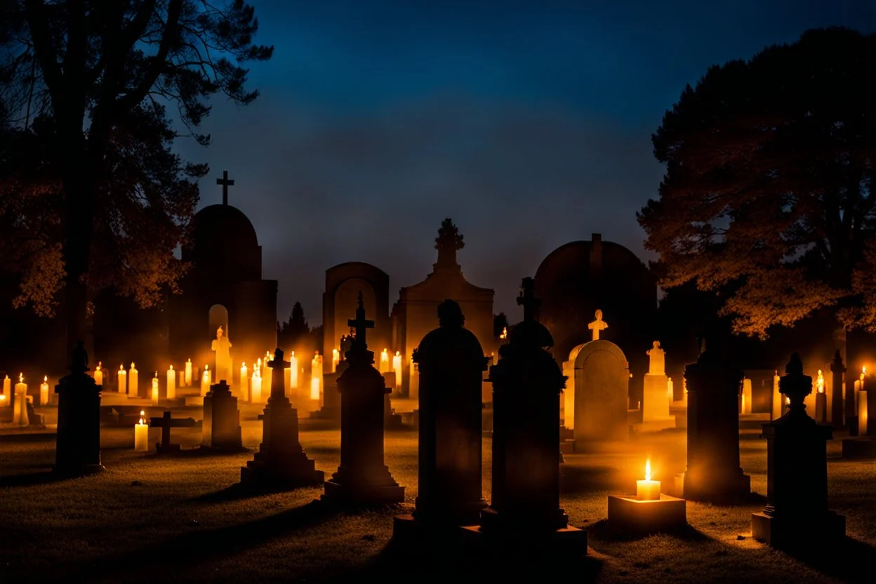 cemetery evening with human shapes, translucent figures, candlelight