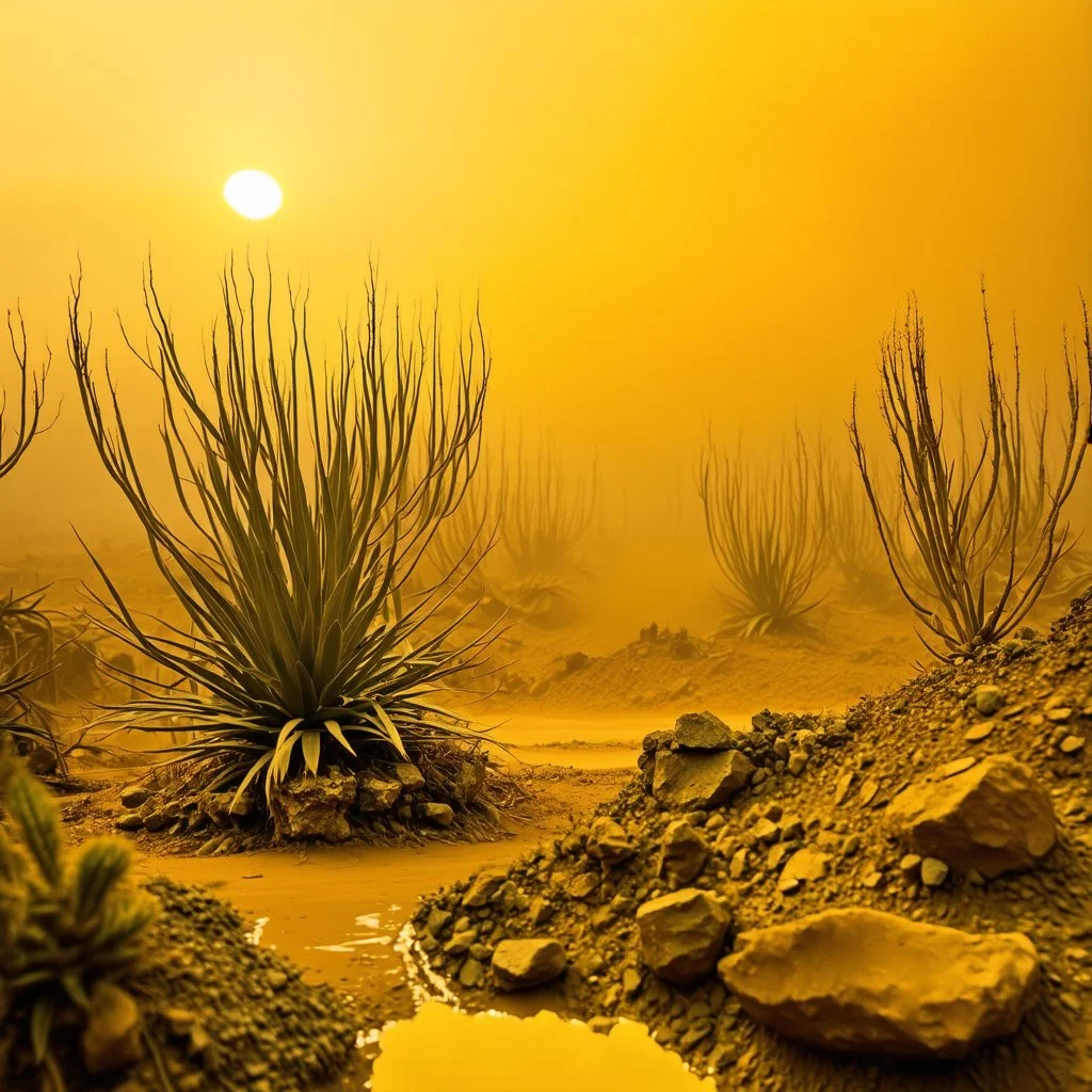 A striking quality Kodak photograph captures a wasteland with liquid and group of monstrous plants, creepy, details of the dust very accentuated, glossy organic mass, adorned with minerals and rocks. Bathed in intense light, eerie, Max Ernst style, yellow sun, fluids, fog, paranoic, obsessive