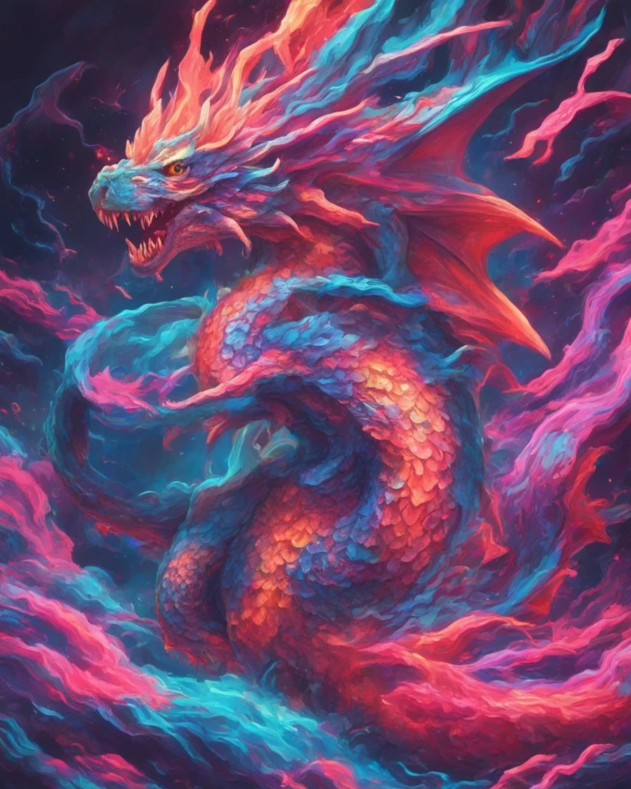 Close up shot, Dragon in a vibrant synthwave dreamscape, neon chaos swirling energetically around pixelated forms, a dynamic fusion of retro gaming nostalgia and futuristic abstraction