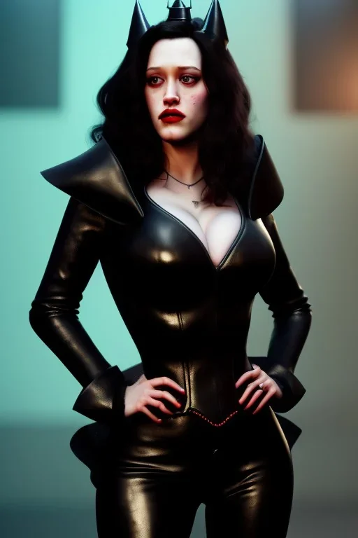 painting of kat dennings as evil queen in black leather pants, , leather, angry, stern look, volumetric lighting, particales,highly detailed,cinematic, deep colours,8, highly detailed, digital painting, artstation, concept art, smooth, sharp focus,