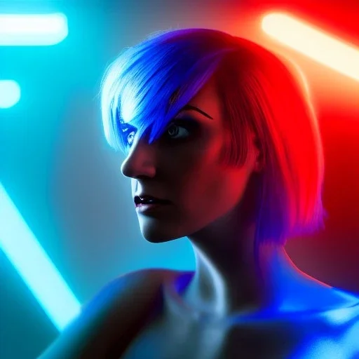 cyberpunk, head, woman, model, rendering, blue hair, electric circuits in vackgound, lights, high contrast