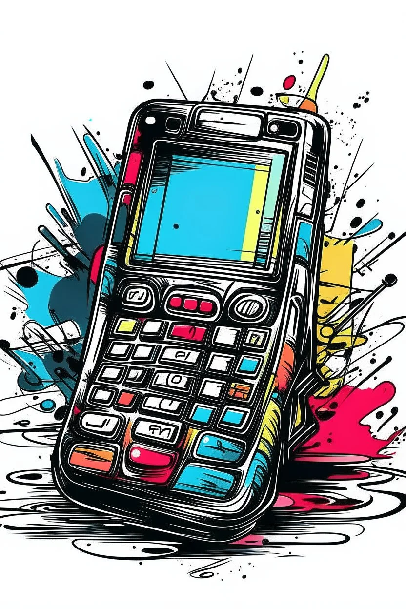 A brightly colored, plastic flip phone with a scratched and chipped exterior is held open, revealing a blurry photo of a concert mosh pit on the screen. Style: Grunge, Mood: Rebellious, Lighting: Harsh stage lights in the background, T-shirt design graphic, vector, contour, white background.