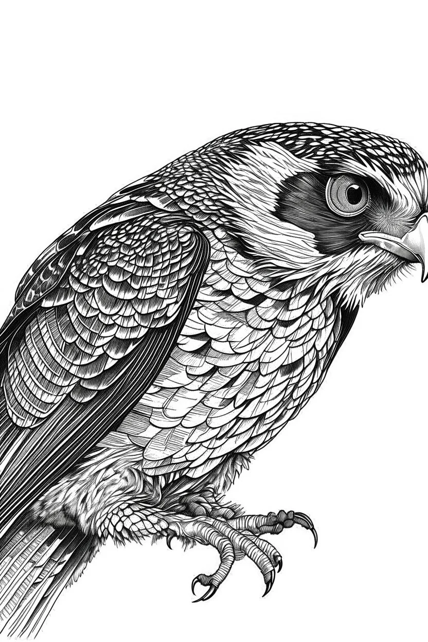 "Create an AI line art piece featuring the Peregrine Falcon, half body short, front short, one of nature's fastest and most agile predators. Capture the bird in flight, showcasing its incredible speed and grace. Highlight the intricate details of its feathers and the intensity in its eyes, embodying the essence of this magnificent raptor."