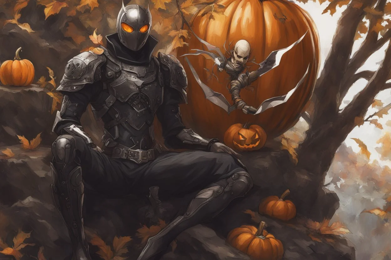 Monarch venom with pumpkin head in nier automata artstyle, halloween them, close picture, fantasy world, intricate details, highly detailed, high details, detailed portrait, masterpiece,ultra detailed, ultra quality