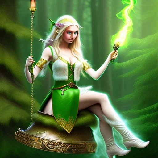 romantic fantasy spray painting, portrait of cute green eyed blonde robed elf poet with cute ornament,sitting in swing, loosing torch in magical forest