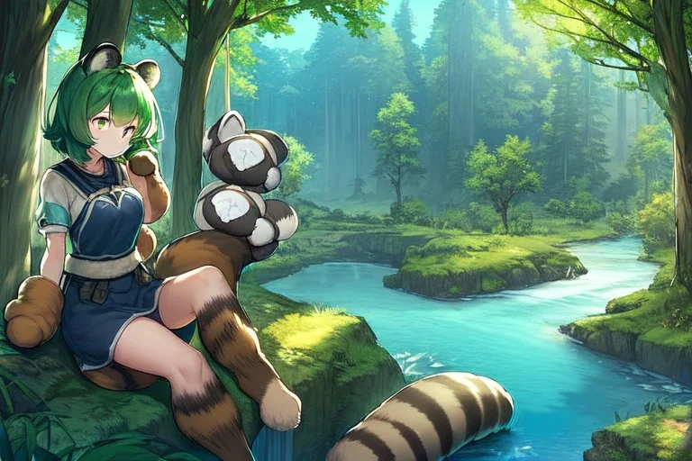 Girl, green hair, raccoon tail, raccoon paws in hand, raccoon paws in foot, forest, river, sit on tree