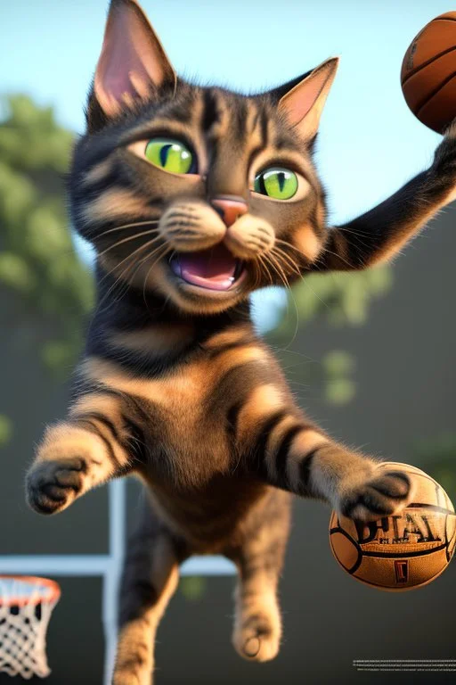 13k, highly realistic and detailed image of a cat as a NBA basketball player in action dunking the ball in the net, sweaty hair, screaming look,action and explosive background