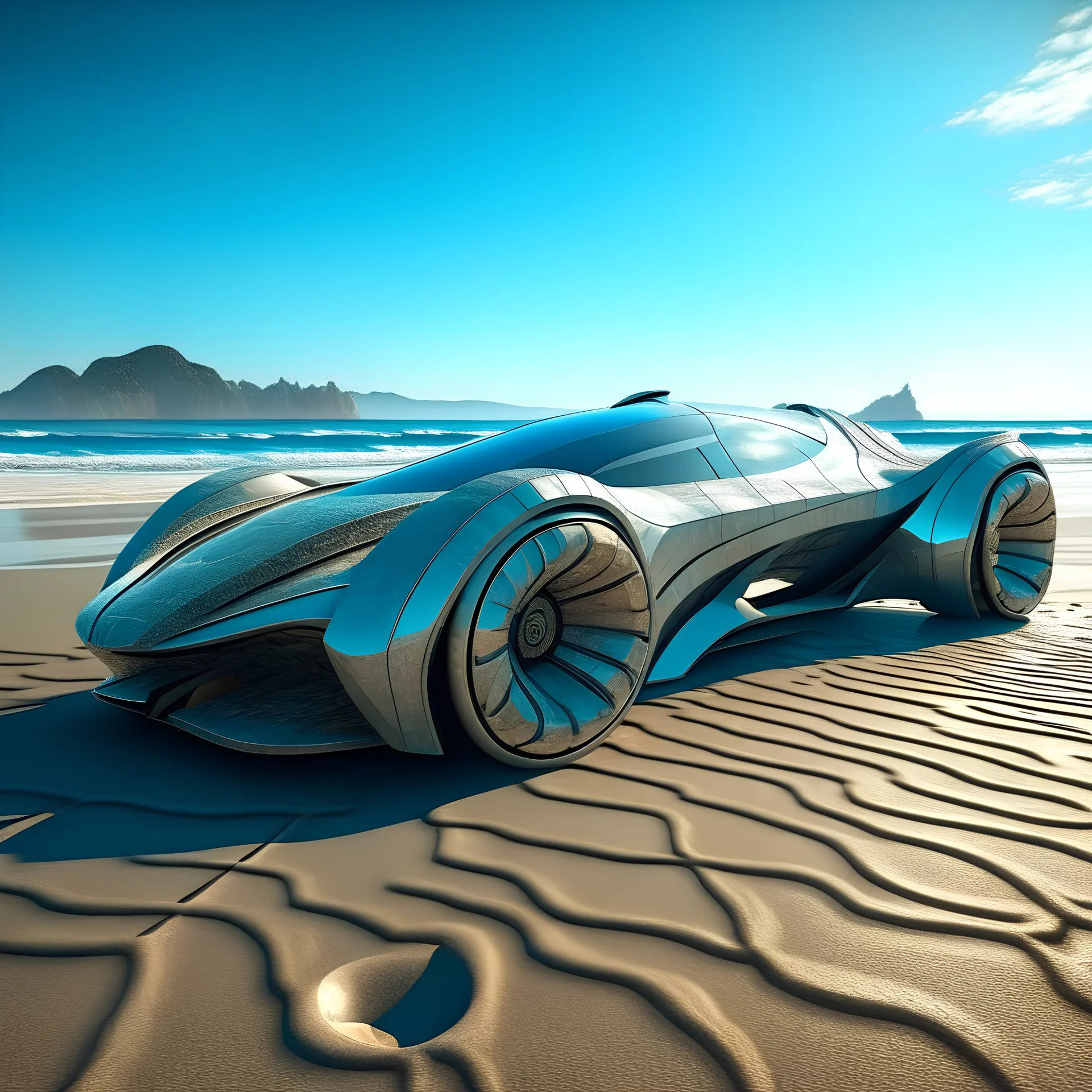 auto futurista en una playa de argentina al estilo de da vinci