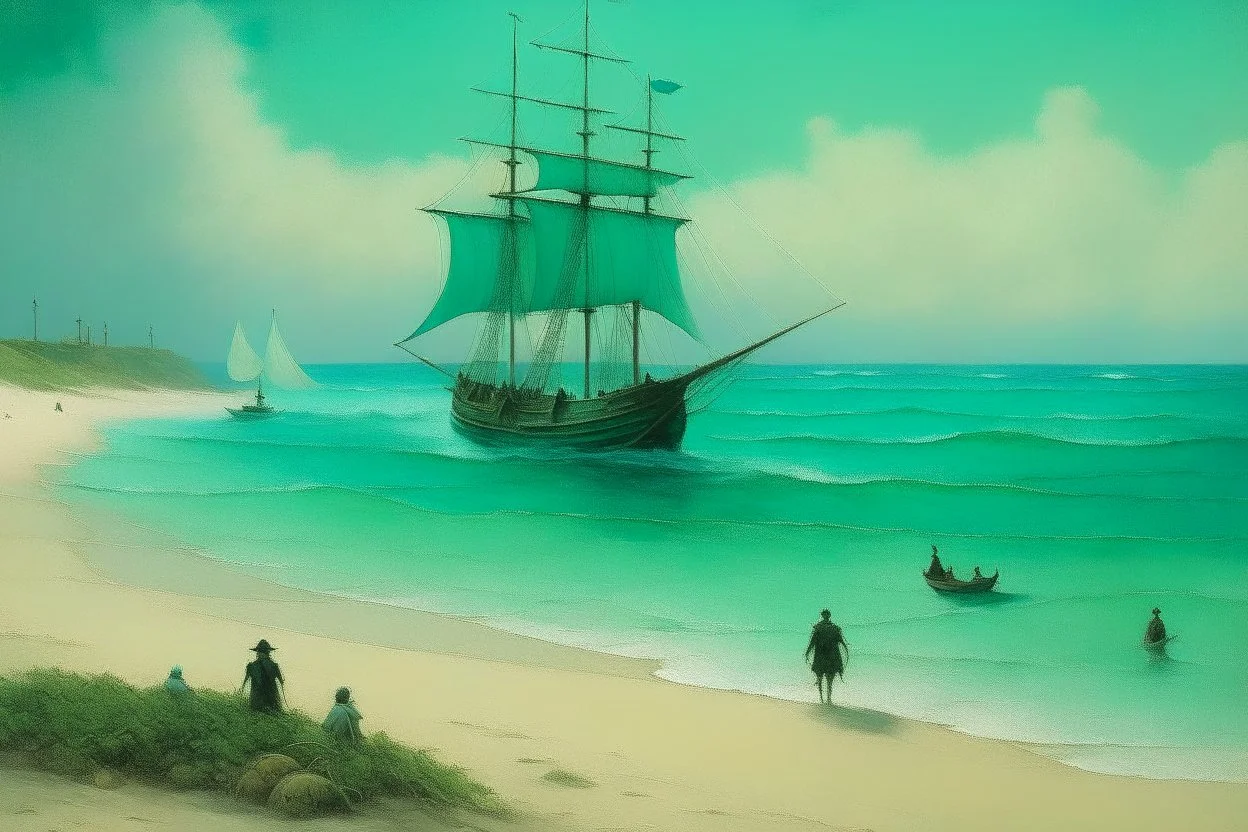 A bluish green beach with a pirate ship painted by Birge Harrison