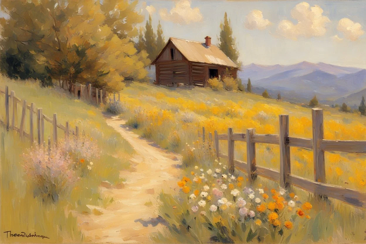 Sunny day, flowers, mountains, fence, distant cabin, pathway, theodore robinson impressionism painting