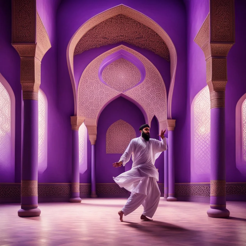 Hyper Realistic Sufi Darwesh dancing in a beautiful Purple wall Mosque