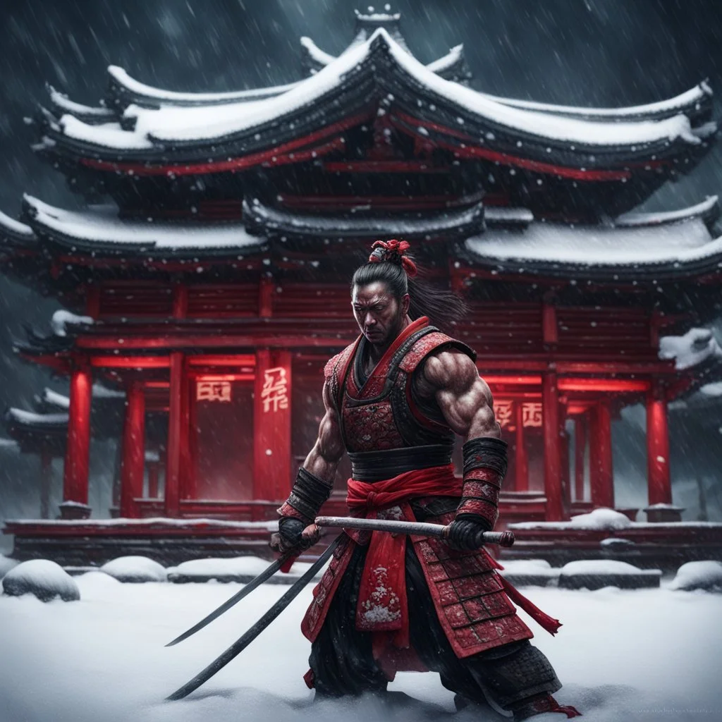 Hyper Realistic muscular-samurai training outside a Dark-Abandoned-Red-Colored-detailed-crafted-Chinese-Temple Almost Covered in Snow at dark-snowfall-night