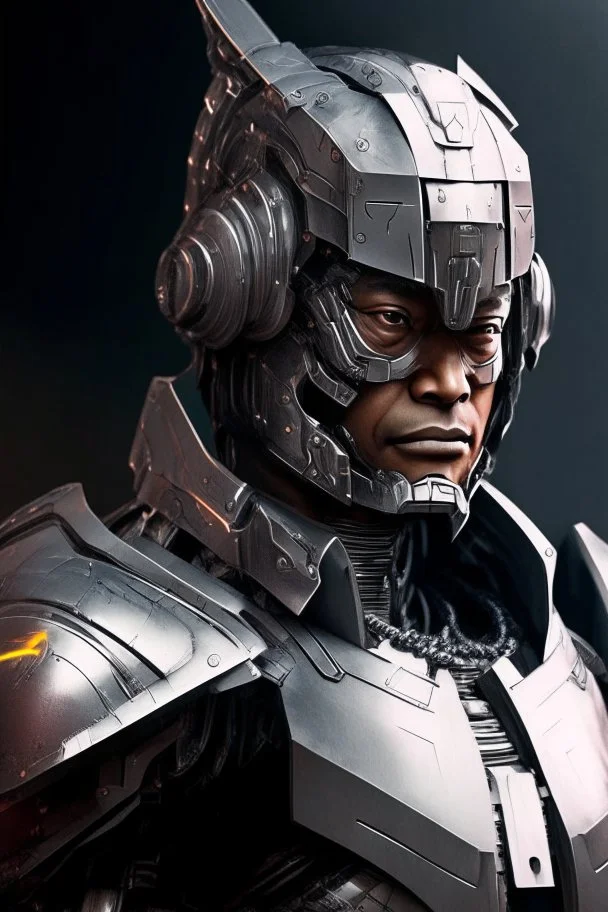 Cyborg armor with helmet on head serious face