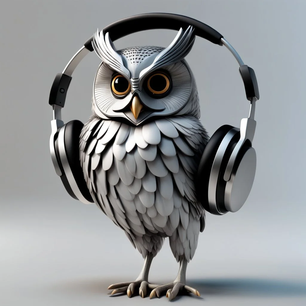 Illustrative sketch of a 3D Pixar image of a humanoid owl in music with headphones, full body, ultra quality, 8k