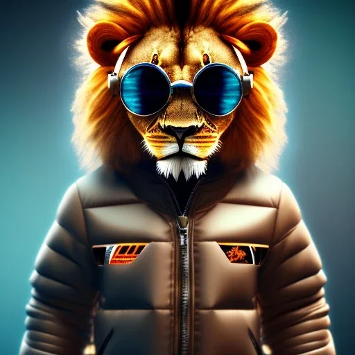 Lion toddler, smile, steampunk headphone, sunglass, gangsta neckless, full body, orange puffer jacket, tokio background, dramatic lighting, hyper realistic, unreal engine 5, 16k