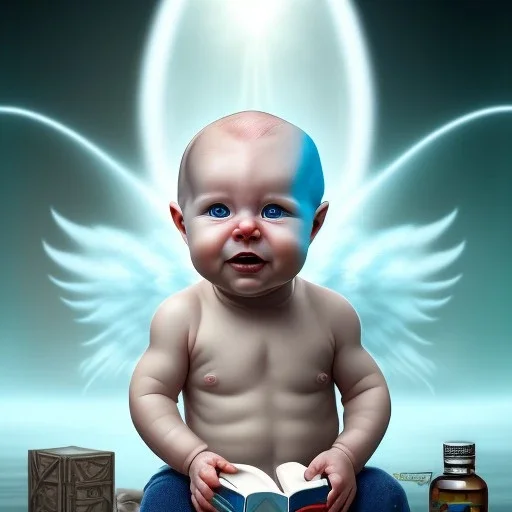 a human baby called tobias leander with no hair,halo, wings, drinking, sitting in chair, photo realistic spray painting, book cover