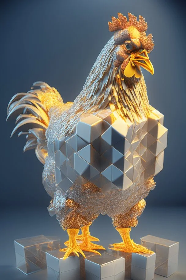 chicken completely made of perfect square cubes, hyper-realisitc cube detials and contours, meticulously intricate perfectly symmetrical extremely detailed, full body and melting details, dramatic pose, portrait, pixiv daily ranking, pixiv, extreme depth of field, artstation, sculpture style, spectacular details, volumetric lighting, masterpiece, cinematic, Hollywood production, 8k resolution high definition, max octane render, vivid colors, unreal engine